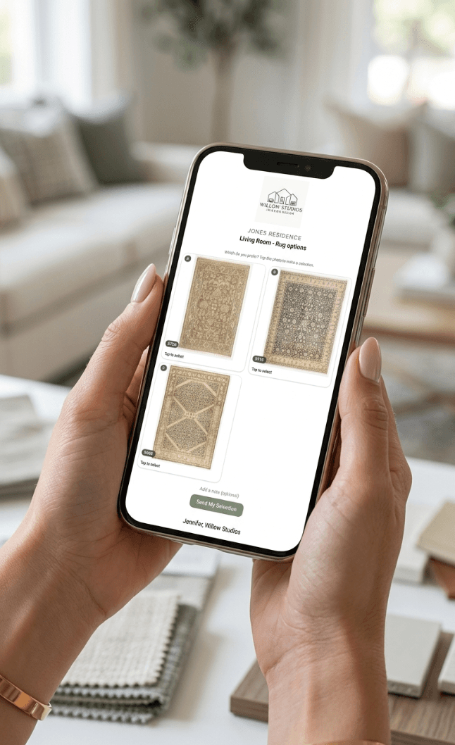 Client reviewing rug selection options on a phone