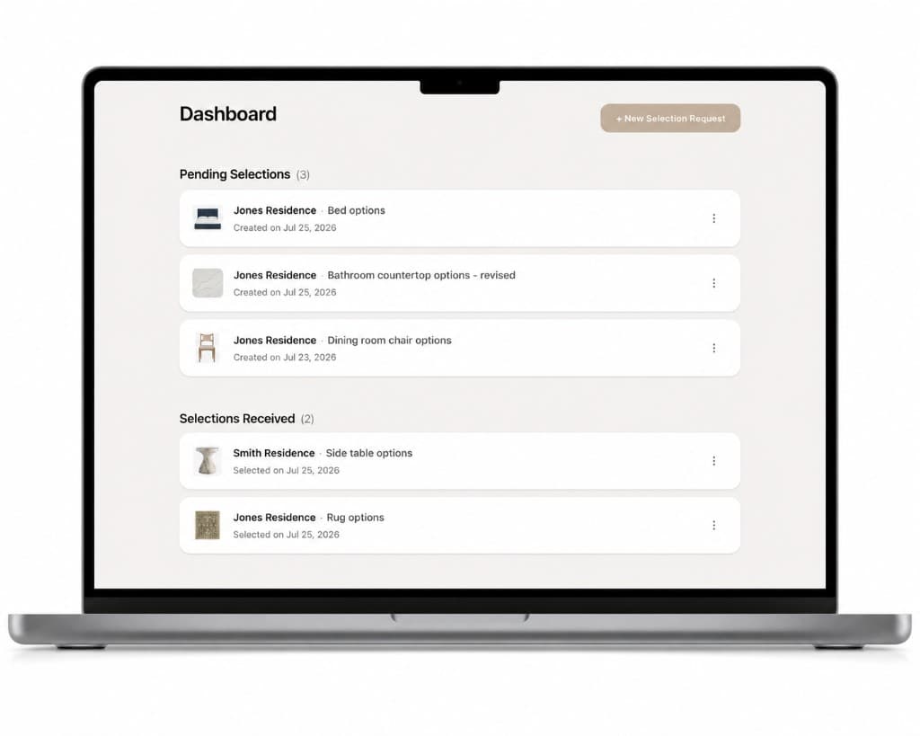 Allori dashboard on a laptop showing pending and received selections