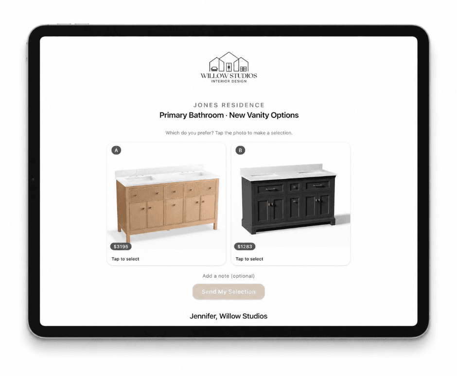 Client selection request on a tablet showing vanity options with prices