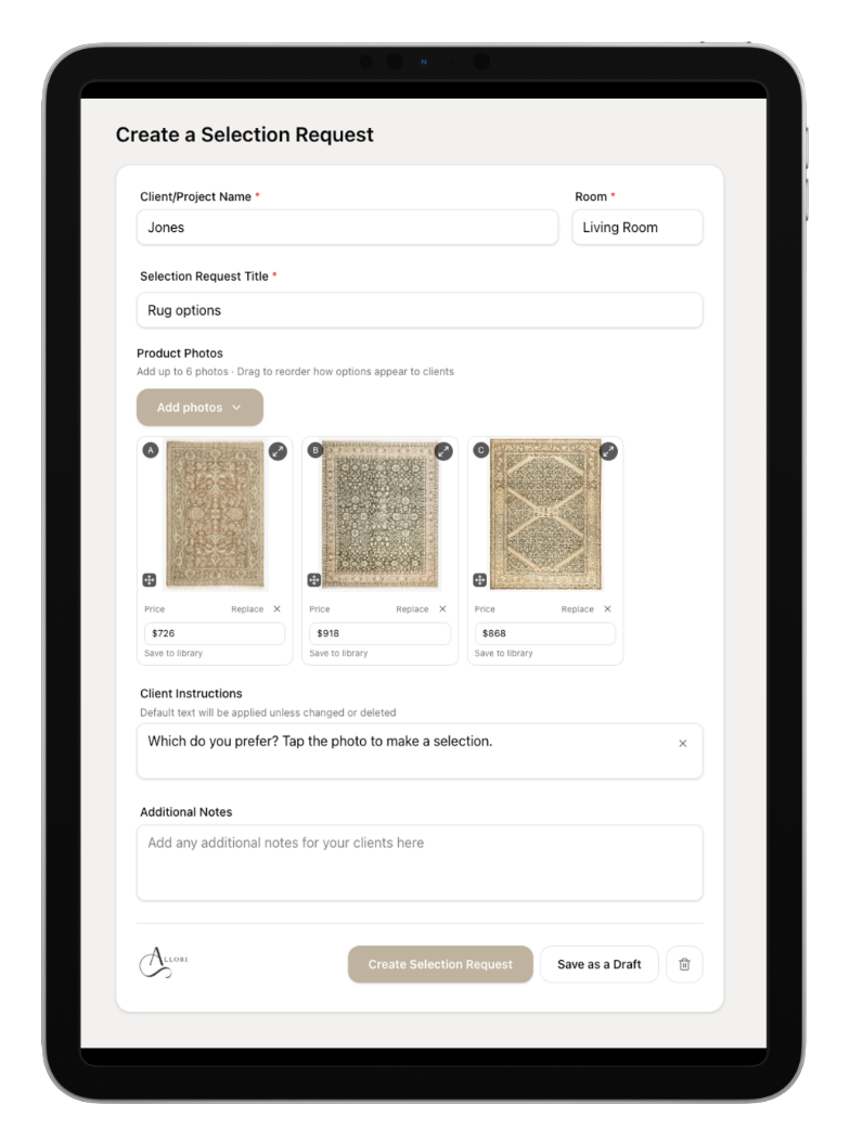 Create a selection request form with product photos and pricing