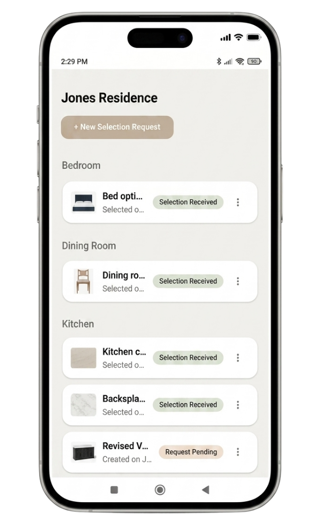 Project page showing selection requests organized by room with status badges